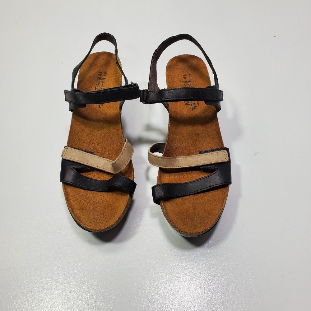 Naot‎ Canaan Sandals Black Tan Leather Wedge Cork Platform Heels Women's EU 41